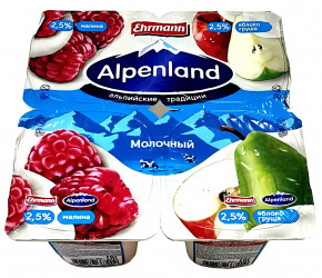 Продукт йогуртный Альпенлэнд мдж 2,5% 95г*4 БЗМЖ малина/яблоко груша